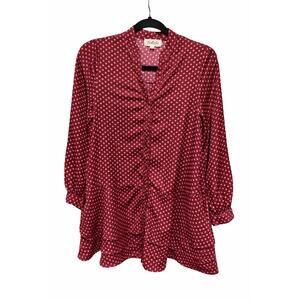 Listicle Small Burgundy Polka Dot Ruffle Hem Tunic Dress Boho Babydoll Pockets